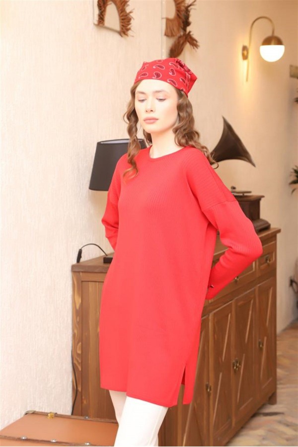 Düğmeli Fitilli Tunik Kırmızı